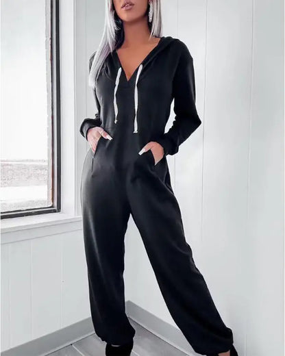 Hooded Kangaroo Pocket Design Stretchy Waist Cuffed Jumpsuit