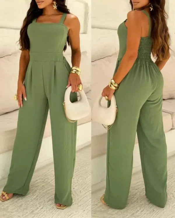 V-Neck Spaghetti Strap Shirred Cinch Waist Wide Leg Jumpsuit Elegant Overalls