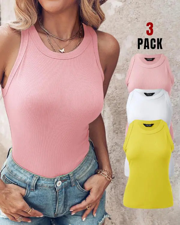 3-Pack Knit Round Neck Thick Strap Racerback Tank Tops