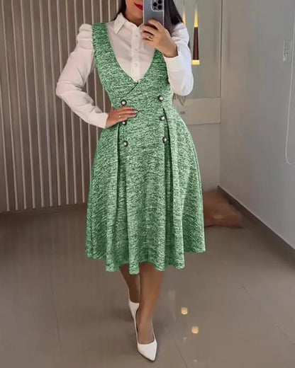 V-Neck A Line Front Botton Thick Strap Mid-Calf Dress Causal Dress