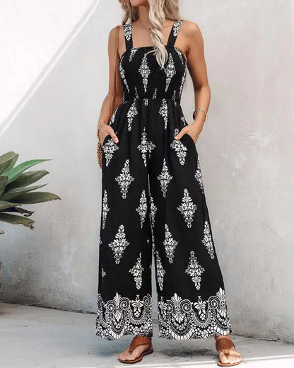 Graphic Print Square Neck Thick Strap Shirred Jumpsuit Wide Leg Overalls with Pockets