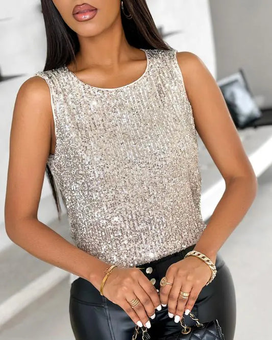 Glitter Sequin Round Neck Sleeveless Tank Casual Slim Fit Top