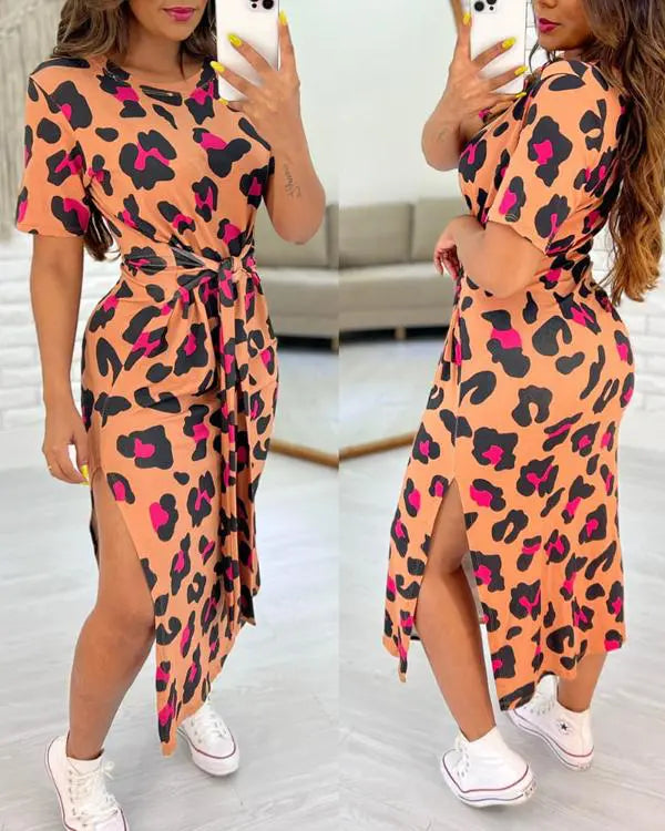 Pink Leopard Print Tied Detail Slit Casual Dress