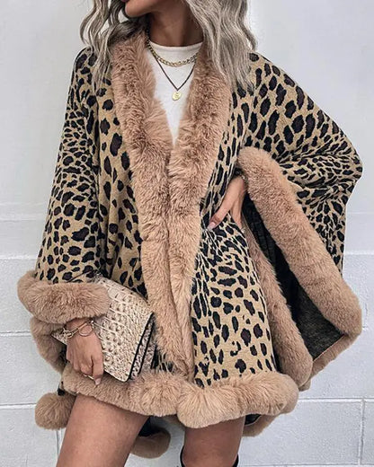 Cheetah Leopard Print Fuzzy Trim Knit Poncho Cardigan Open Front Cape Sweater