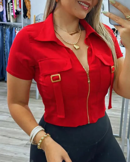 Turn-down Collar Front Zipper Short Sleeve Buckle Blouse Casual Top