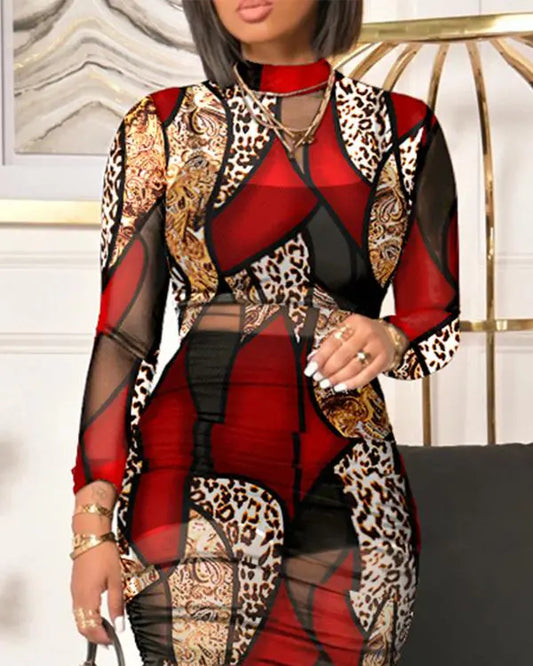 2 Piece Leopard Print Mock Neck Long Sleeve Mid-Calf Dress Sheer Mesh Party Dress with Short Pants