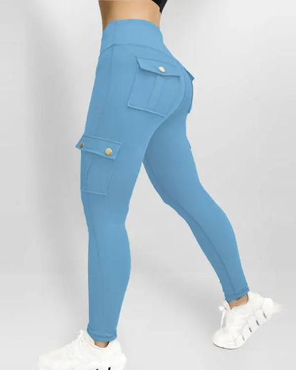 Camouflage Print High Waist Skinny Button Leggings with Pocket Casual Pants