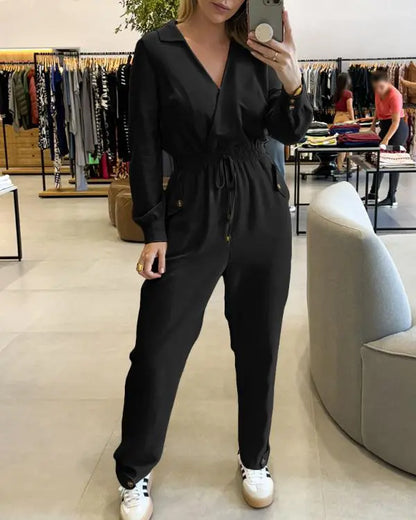 Lapel V-neck Collar Shirred Drawstring Waist Jumpsuit