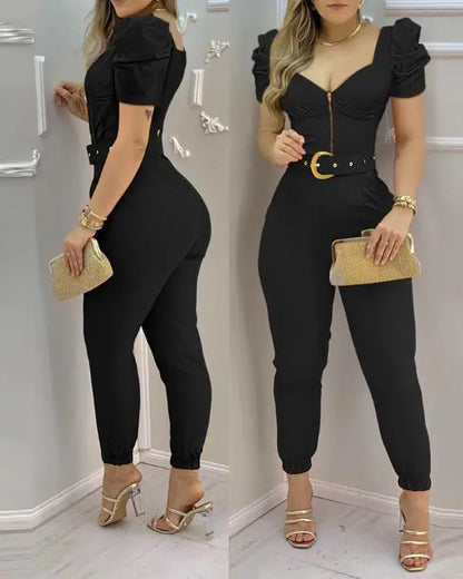 V-Neck Zip Front Puff Sleeve Jumpsuit With Belt Casual Overalls