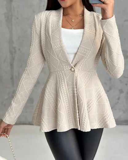 Shawl Collar Cable Textured Single Breasted Ruffle Hem Coat