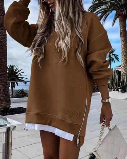 Christmas Glass Pattern Sequin Patchwork Crewneck Pullover Top Zipper Slit Sweatshirt Dress