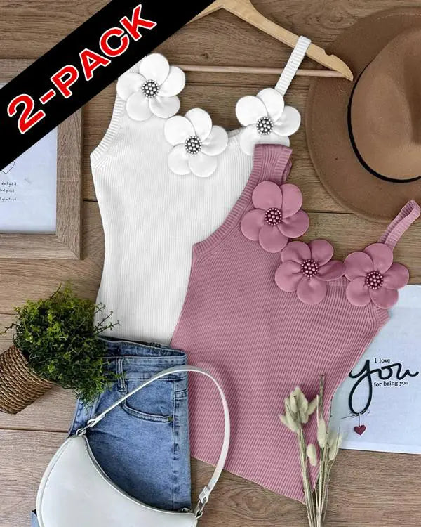 2 Pack Solid 3D Flower Tank Top Asymmetrical Neck Sleeveless Casual Ribbed Knit Camisole