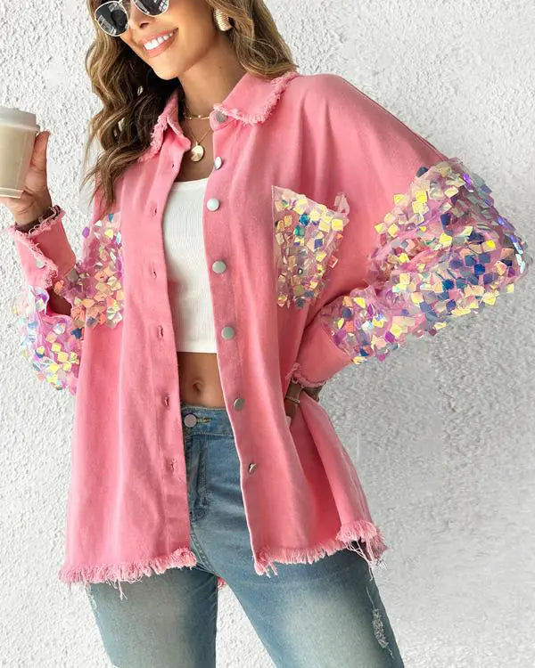 Colorblock Sequin Patchwork Long Sleeve Jacket Top Button Front Raw Hem Shacket