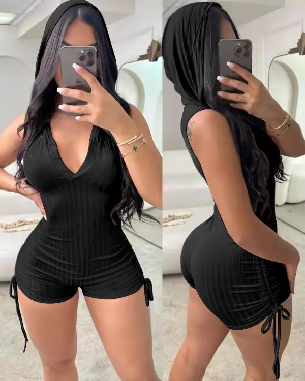 Side Drawstring Slim Fit Sleeveless Hooded Romper