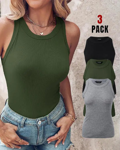 3-Pack Knit Round Neck Thick Strap Racerback Tank Tops