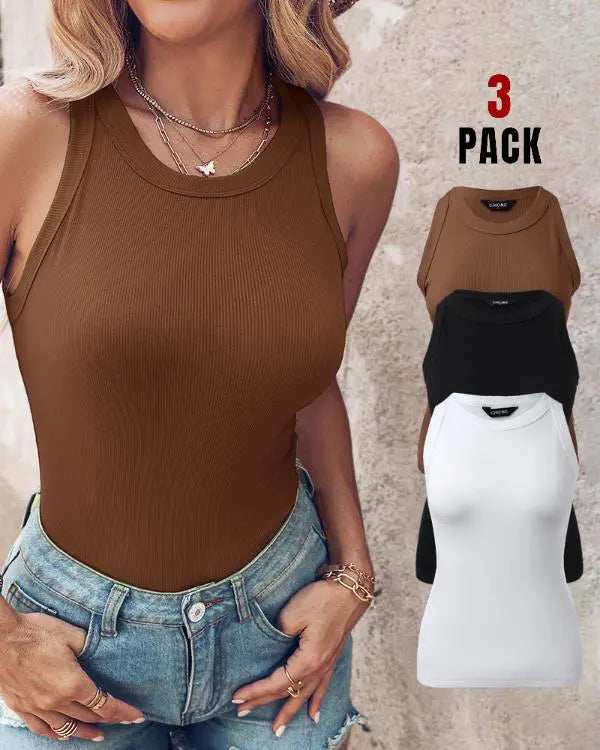 3-Pack Knit Round Neck Thick Strap Racerback Tank Tops