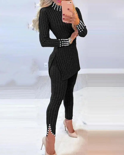 2 Piece Outfits Long Sleeve Beaded Side Slit Knit Top High Waist Skinny Pants Lounge Sets