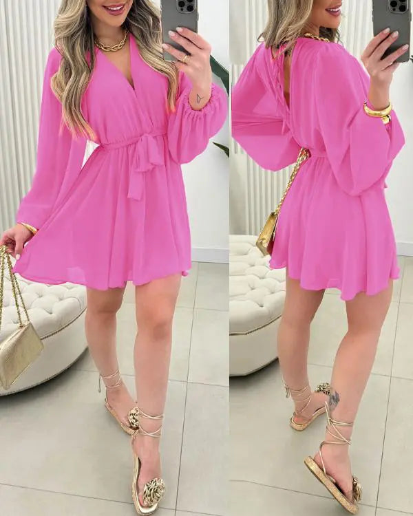 Chiffon V-Neck Long Sleeve Romper Tied Detail Backless Skort Overall