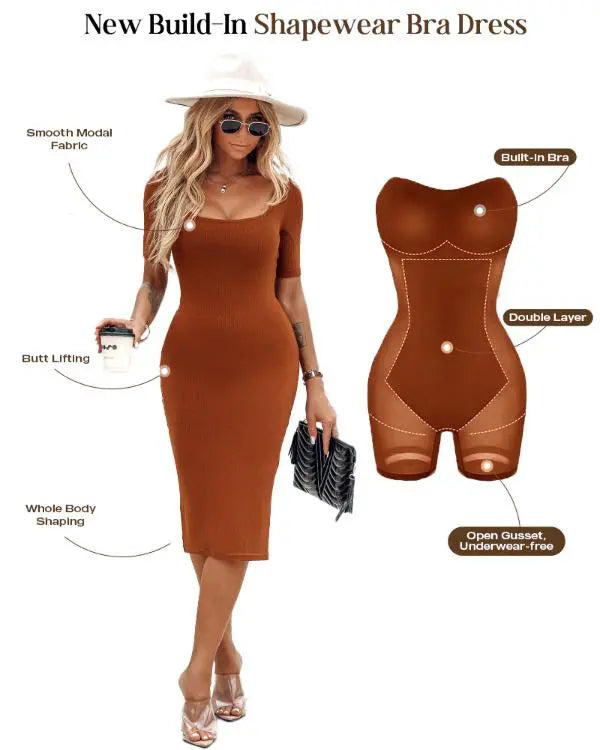 ShapeSculpt Short Sleeve Bodycon Midi Dress BUILT-IN SHAPEWEAR Square Neck Slim Fit Casual Dresses