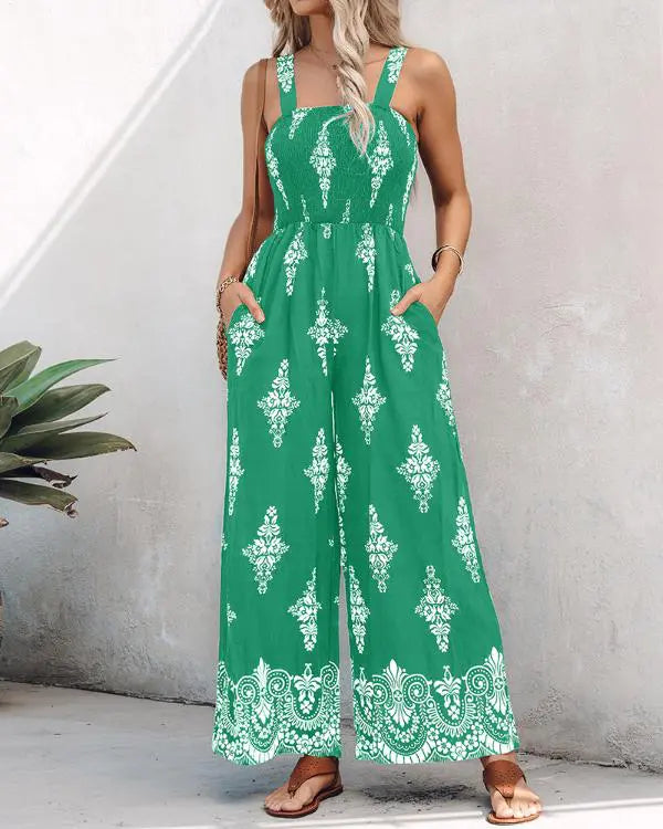 Graphic Print Square Neck Thick Strap Shirred Jumpsuit Wide Leg Overalls with Pockets