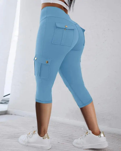 Camouflage Print High Waist Skinny Button Leggings with Pocket Casual Pants