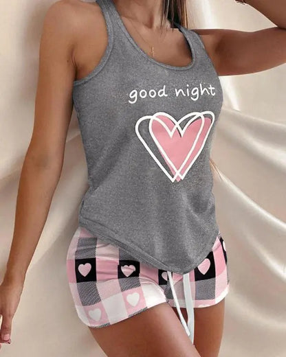 Good Night Plaid Heart Print Drawstring Tank Pajamas Set