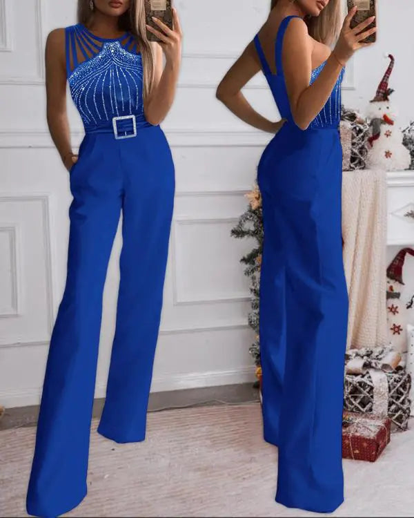 Multi Strap Sleeveless Jumpsuit Rhinestone Bootcut Overalls