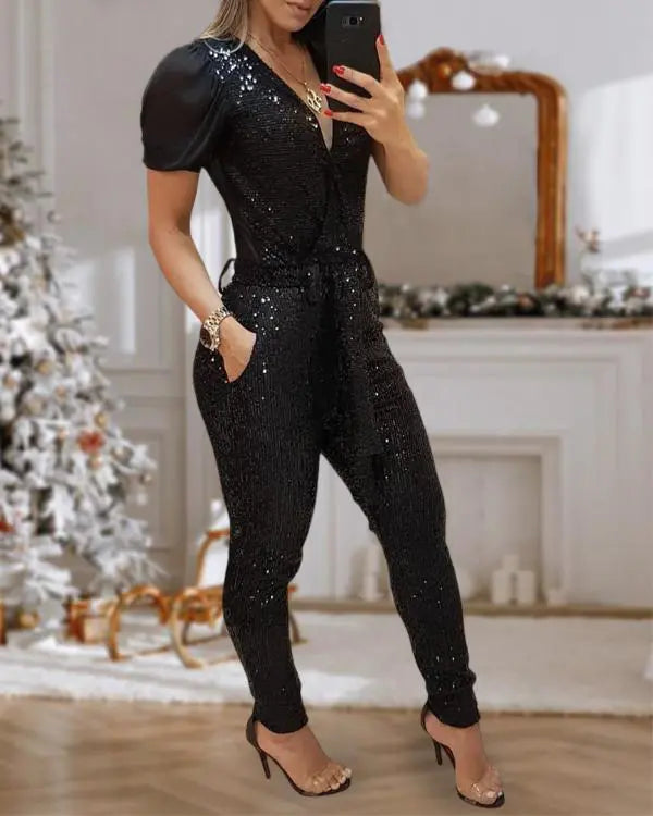 Sequins Plunge Sheer Mesh Short Sleeve Jumpsuit Sexy Sparky Slim Fit Rompers