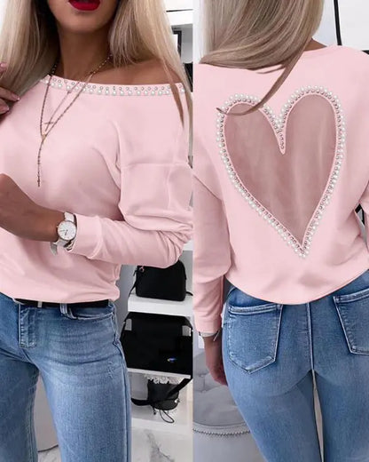 Heart Pattern Sheer Mesh Round Neck Long Sleeve Beaded Sheer Mesh Tee Casual Top