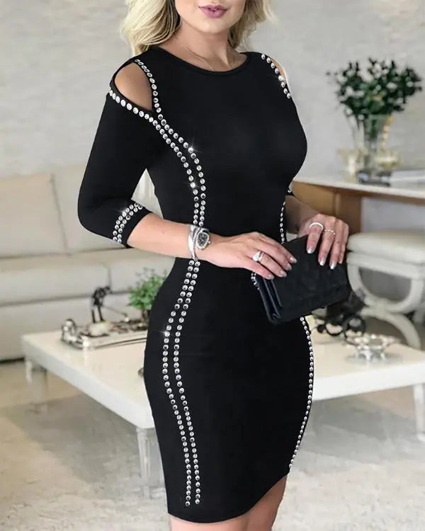 Rhinestone Round Neck Cutout Slim Fit Midi Dress Casual Bodycon