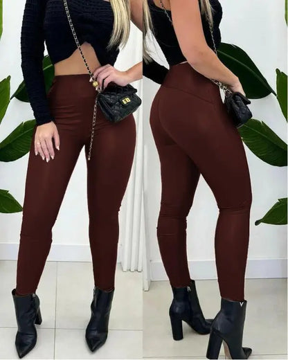 CurveEase PU Leather Leggings High Waist Curved Fleece Lined Tights Casual Pants
