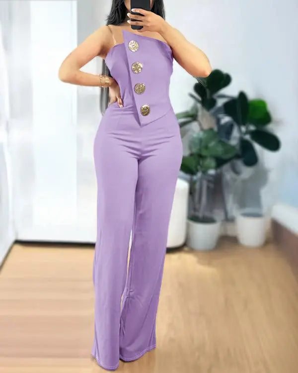 Asymmetrical Bandeau Strapless Jumpsuit Metal Button Decor Casual Overalls