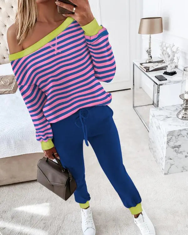 2 Piece Lounge Outfit Long Sleeve Skew Neck Pullover Tops Stretchy Waist Pants Set Tracksuit