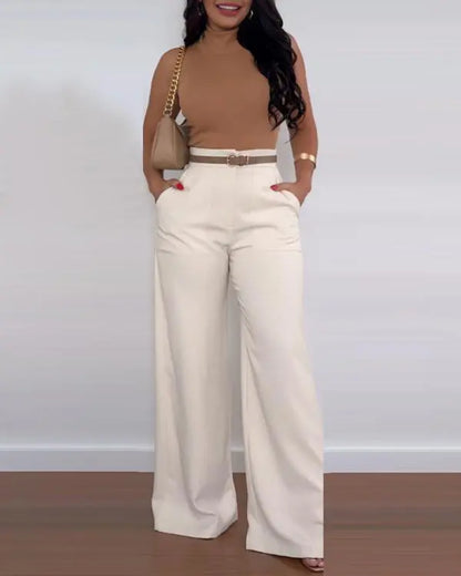 High Waist Pocket Design Flared Pants Casual Loose Fit Pants