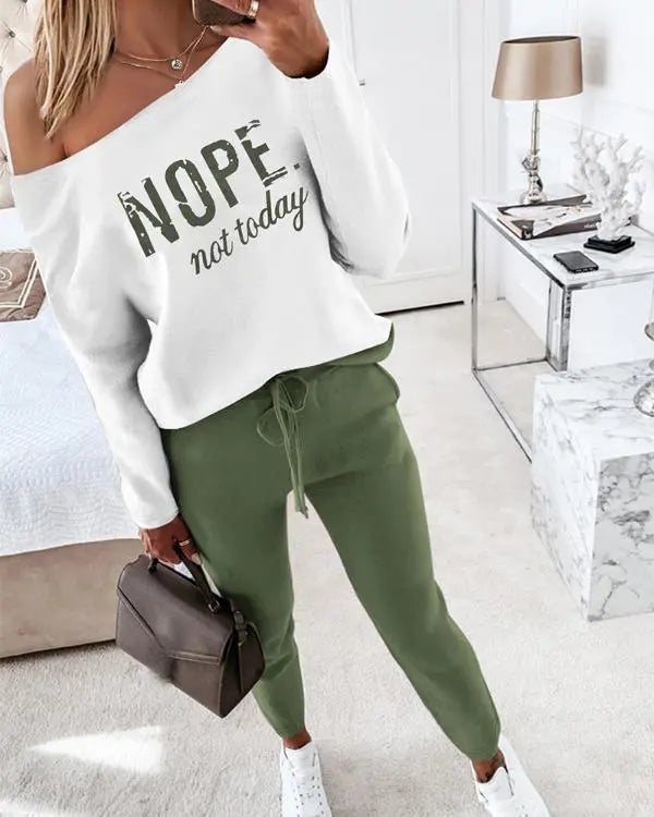 2 Piece Outfit Nope Not Today Print Skew Neck Long Sleeve Pullover Top with Stretchy Waist Long Pants Tracksuit Jogger Set