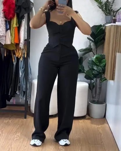 2 Piece Thick Strap Button Front Slim Fit Tank Top High Waist Wide Leg Pants Casual Outfit Set