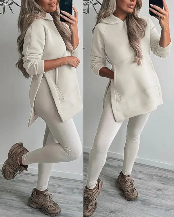 2 Piece Side Slit Kangaroo Pocket Design Pullover Hoodie Skinny Leggings Pants Tracksuit Set