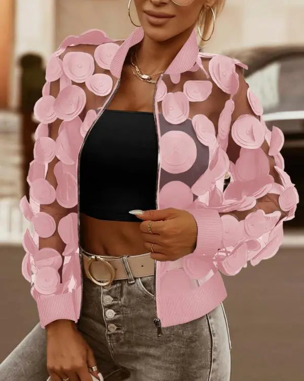 Floral Embroidery Baseball Collar Long Sleeve Coat Sheer Mesh Patch Zip Up Jacket