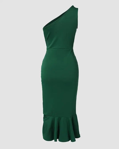 One Shoulder Ruffle Hem Asymmetrical Twist Slit Dress