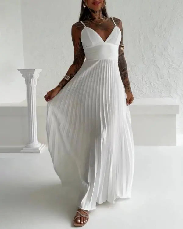 Bandeau Sleeveless Pleated Dress Elegant Flowy A Line Maxi Dress