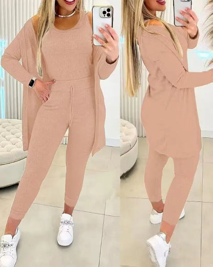 3 Piece Lounge Set Crewneck Sleeveless Tank Top Long Sleeve Open Front Coat Pants Sweatsuit