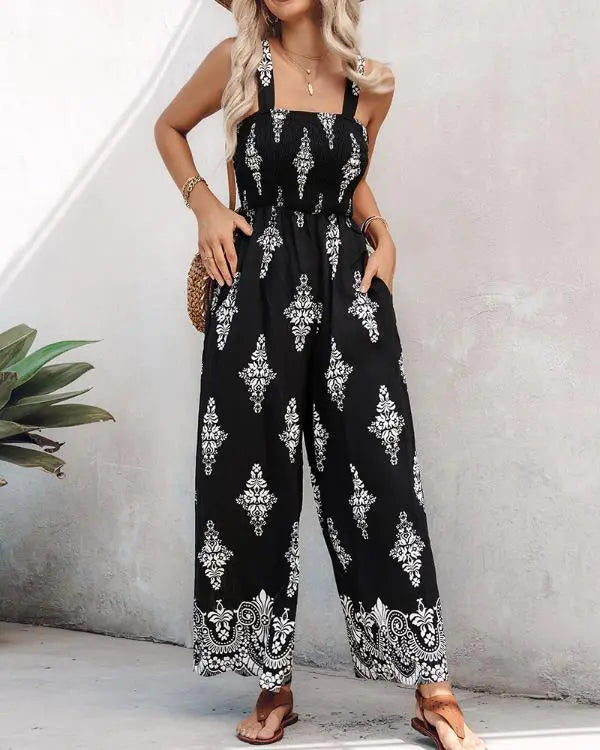 Graphic Print Square Neck Thick Strap Shirred Jumpsuit Wide Leg Overalls with Pockets