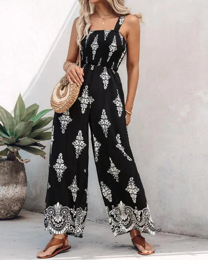 Graphic Print Square Neck Thick Strap Shirred Jumpsuit Wide Leg Overalls with Pockets