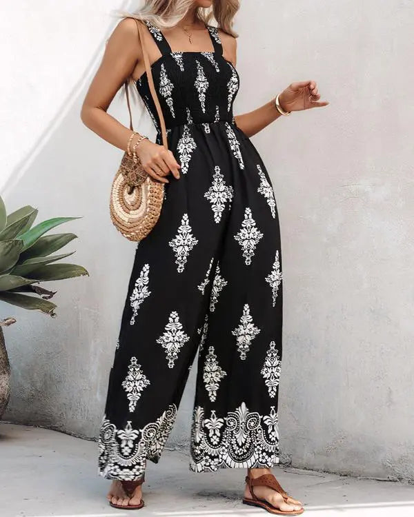 Graphic Print Square Neck Thick Strap Shirred Jumpsuit Wide Leg Overalls with Pockets