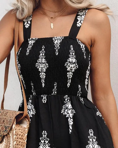 Graphic Print Square Neck Thick Strap Shirred Jumpsuit Wide Leg Overalls with Pockets