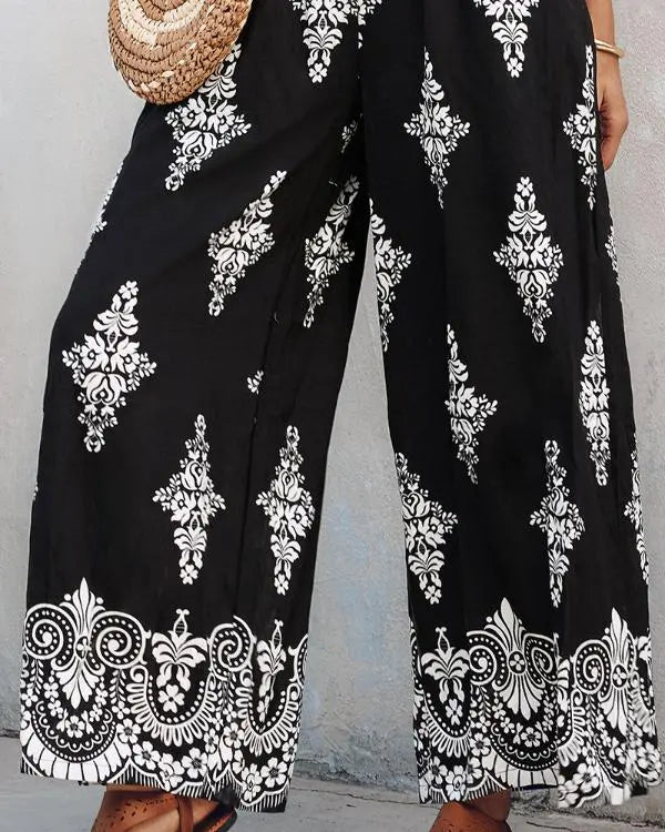 Graphic Print Square Neck Thick Strap Shirred Jumpsuit Wide Leg Overalls with Pockets