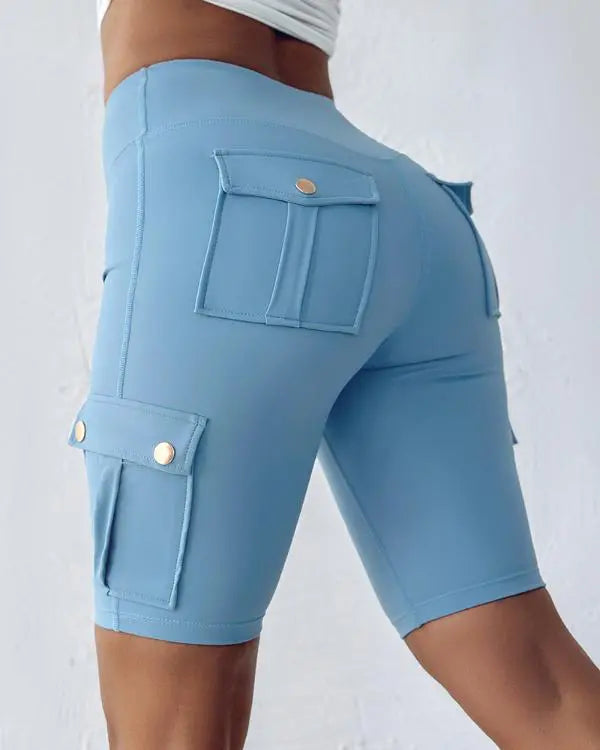 Tummy Control Butt Lifting Active Shorts High Waist Flap Pocket Workout Bermuda Cargo Running Shorts