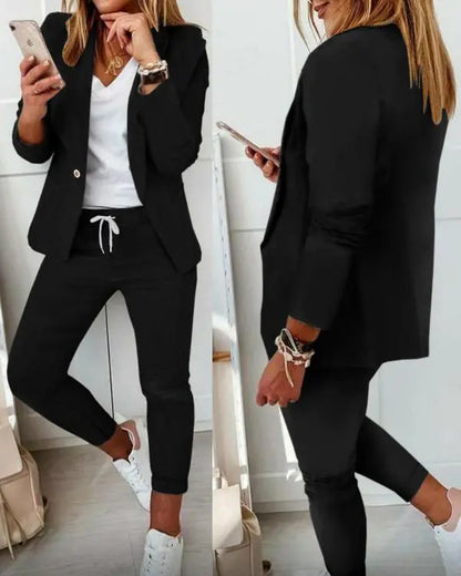 2 Piece Blazer Notched Collar Plaid Print Coat Drawstring Pants Set with Pockets Casual Suits