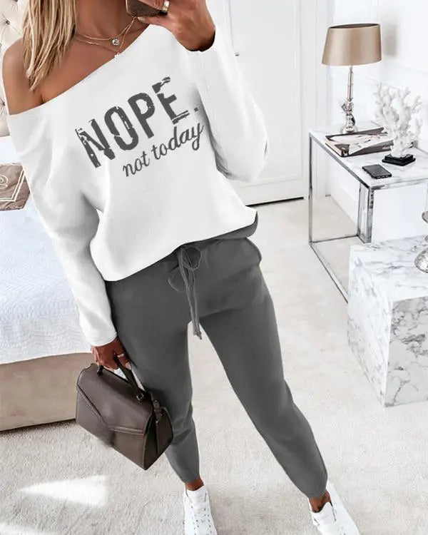 2 Piece Outfit Nope Not Today Print Skew Neck Long Sleeve Pullover Top with Stretchy Waist Long Pants Tracksuit Jogger Set