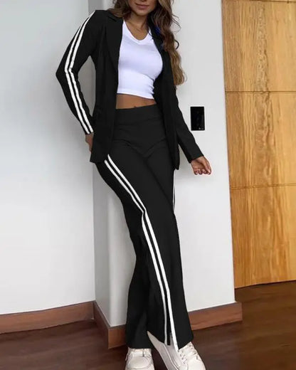 2 Piece Stripe Print Notched Collar Long Sleeve Coat Slit Straight Pants Work Pants Set